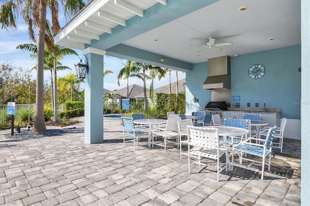 view of patio with ceiling fan, area for grilling, sink, and a community pool