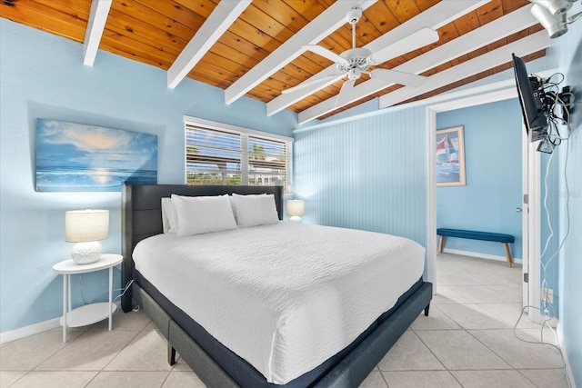 tiled bedroom featuring vaulted ceiling with beams, ceiling fan, and wooden ceiling