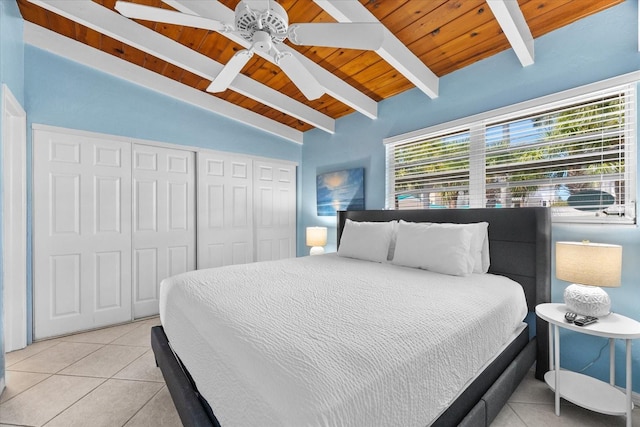 bedroom featuring vaulted ceiling with beams, ceiling fan, wood ceiling, and light tile patterned floors