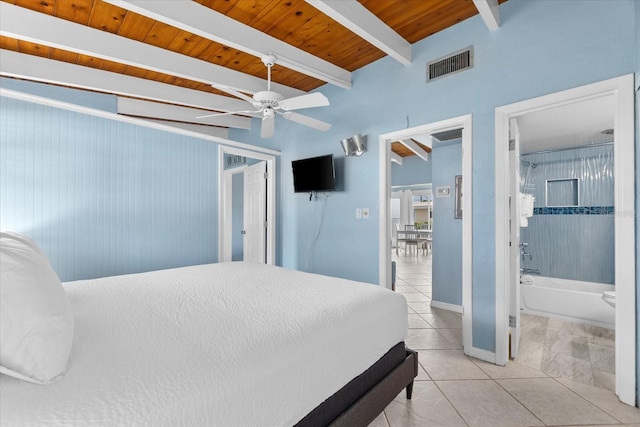 tiled bedroom with beam ceiling, ensuite bath, ceiling fan, and wood ceiling