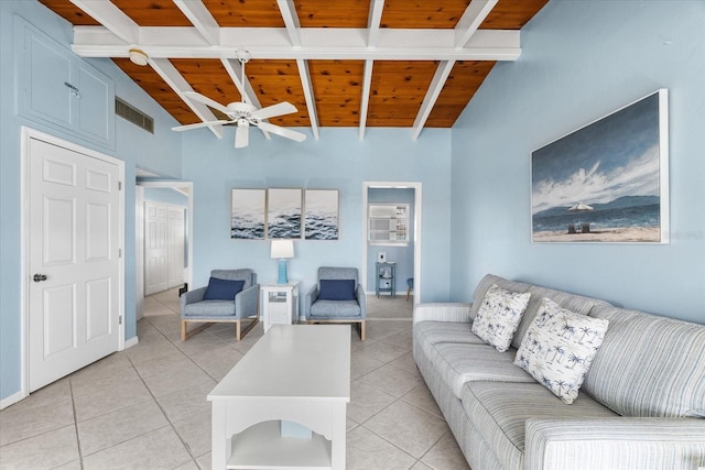 tiled living room featuring vaulted ceiling with beams, ceiling fan, and wood ceiling