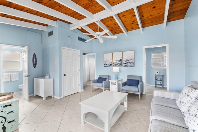 living room with beam ceiling, ceiling fan, high vaulted ceiling, light tile patterned floors, and wood ceiling