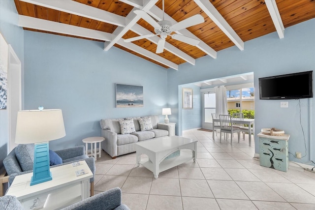 living room featuring vaulted ceiling with beams, ceiling fan, light tile patterned floors, and wood ceiling