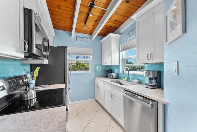 kitchen with beam ceiling, wood ceiling, white cabinetry, and appliances with stainless steel finishes