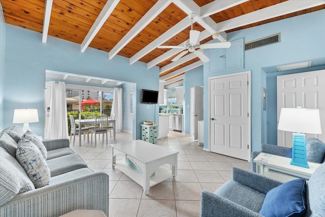 tiled living room with beam ceiling and wood ceiling