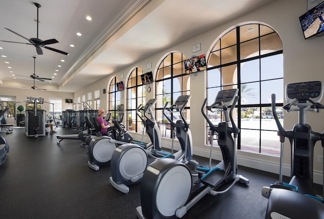 exercise room with ornamental molding, ceiling fan, a tray ceiling, and a wealth of natural light