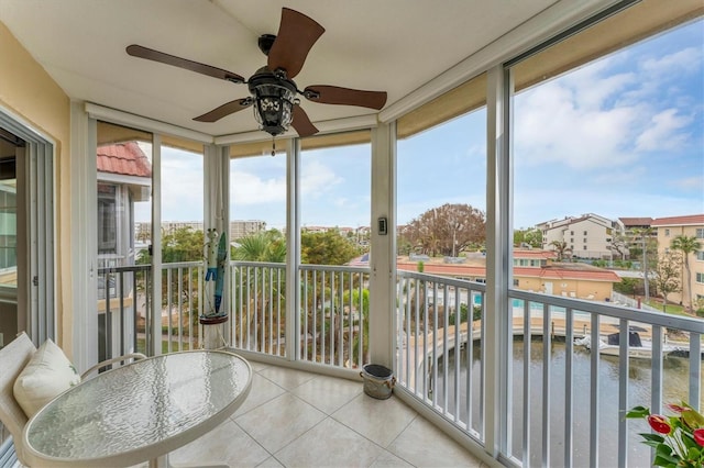 sunroom featuring a water view