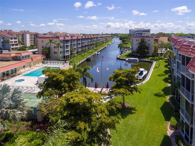 drone / aerial view featuring a water view