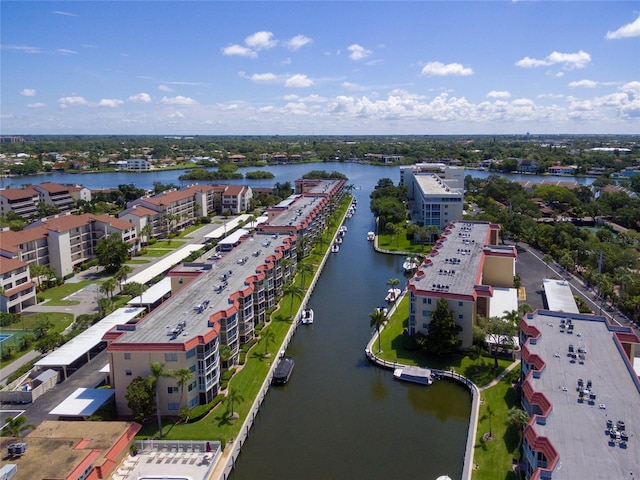 bird's eye view with a water view