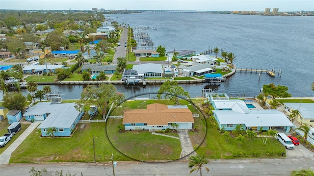 drone / aerial view featuring a water view