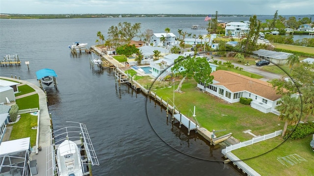 drone / aerial view featuring a water view