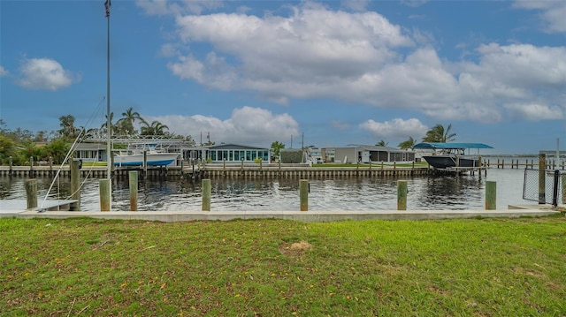 dock area featuring a water view and a yard