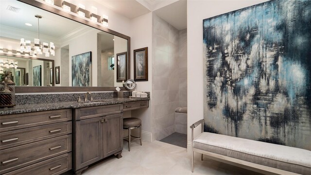 9260 Swaying Branch Rd, Sarasota, FL 34241 - bathroom with vanity, a chandelier, walk in shower, and crown molding