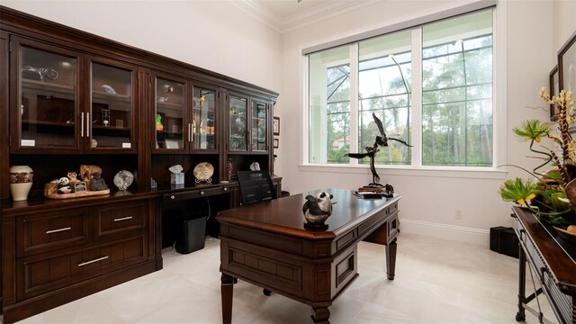 9260 Swaying Branch Rd, Sarasota, FL 34241 - office area featuring crown molding and baseboards
