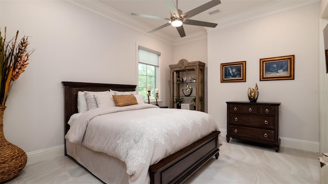 bedroom with ornamental molding and ceiling fan