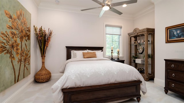 bedroom with ceiling fan and crown molding