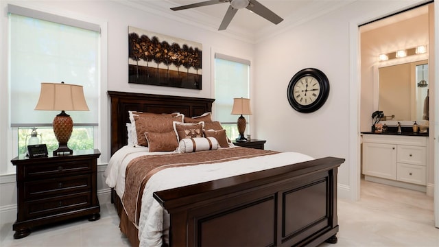 bedroom with connected bathroom, sink, ceiling fan, and crown molding