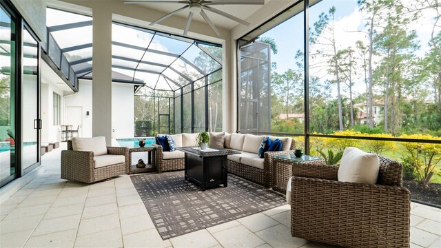 9260 Swaying Branch Rd, Sarasota, FL 34241 - sunroom with ceiling fan and an outdoor hangout area