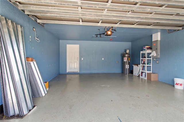 garage with electric water heater, a garage door opener, and electric panel