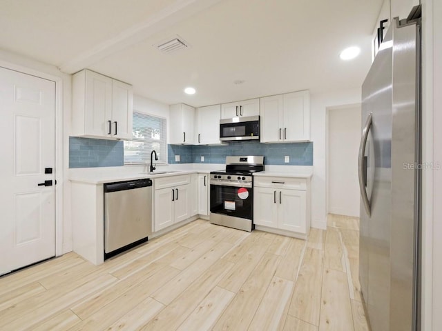 kitchen with backsplash, white cabinetry, sink, light hardwood / wood-style floors, and stainless steel appliances