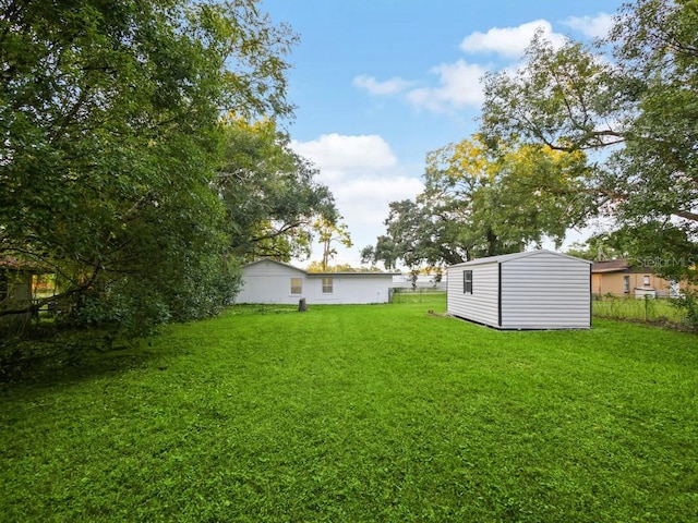 view of yard featuring a storage shed