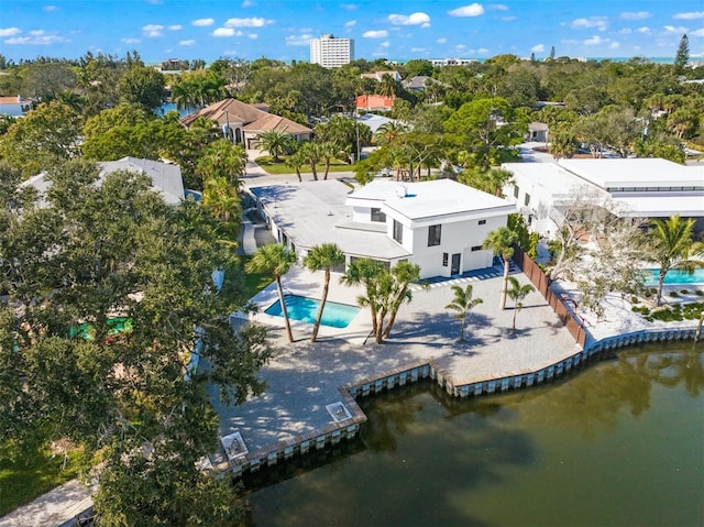 drone / aerial view with a water view