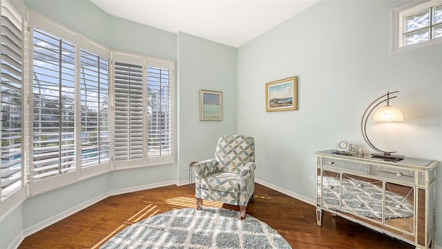 sitting room featuring dark wood-type flooring and plenty of natural light