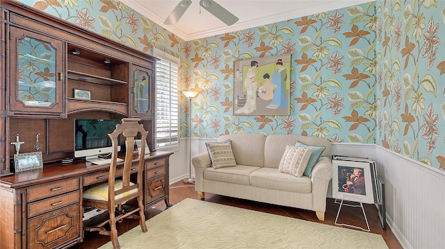 office space with hardwood / wood-style flooring, ceiling fan, and crown molding