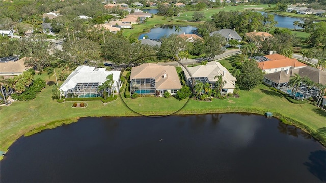 drone / aerial view with a water view