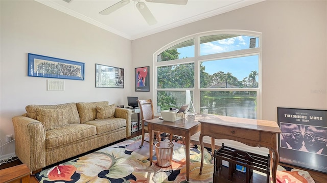 office space featuring hardwood / wood-style floors, ceiling fan, and crown molding