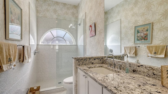 bathroom featuring vanity, a healthy amount of sunlight, toilet, and a tile shower