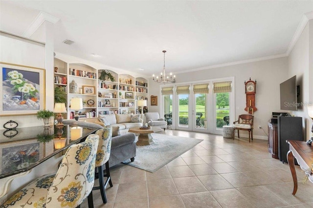 4561 Murcia Blvd Unit 13, Sarasota, FL 34238 - tiled living area featuring a chandelier, crown molding, built in shelves, and baseboards