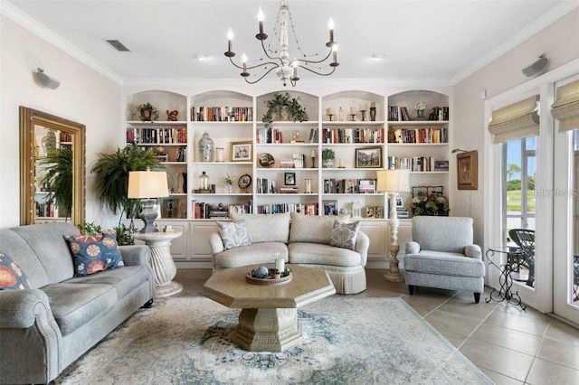 4561 Murcia Blvd Unit 13, Sarasota, FL 34238 - living area featuring crown molding, built in shelves, a chandelier, and light tile patterned floors