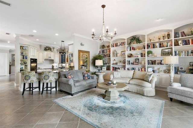 4561 Murcia Blvd Unit 13, Sarasota, FL 34238 - living room featuring a chandelier, ornamental molding, light tile patterned floors, recessed lighting, and built in features