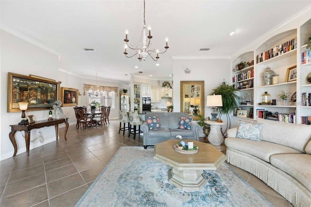 4561 Murcia Blvd Unit 13, Sarasota, FL 34238 - living room with a chandelier, crown molding, dark tile patterned floors, baseboards, and recessed lighting