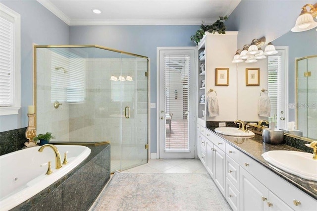 4561 Murcia Blvd Unit 13, Sarasota, FL 34238 - bathroom with a shower stall, a whirlpool tub, tile patterned flooring, double vanity, and crown molding