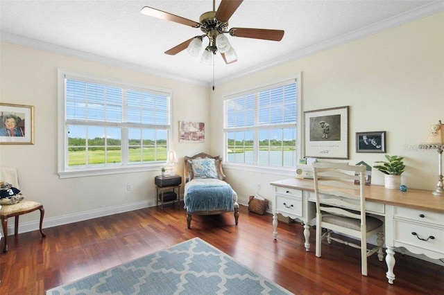 4561 Murcia Blvd Unit 13, Sarasota, FL 34238 - sitting room with crown molding, wood finished floors, an office area, ceiling fan, and baseboards