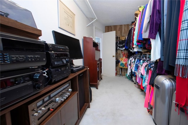 walk in closet with light carpet