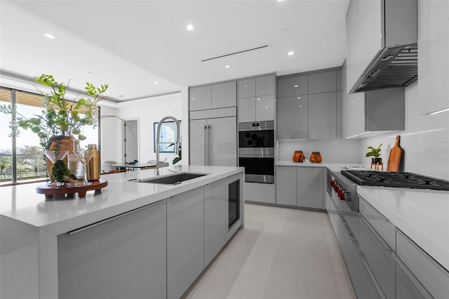 kitchen featuring wall chimney exhaust hood, sink, a kitchen island with sink, gray cabinets, and appliances with stainless steel finishes