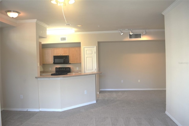 kitchen with light brown cabinetry, black appliances, and ornamental molding