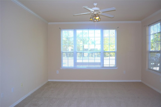 carpeted spare room featuring ceiling fan and crown molding