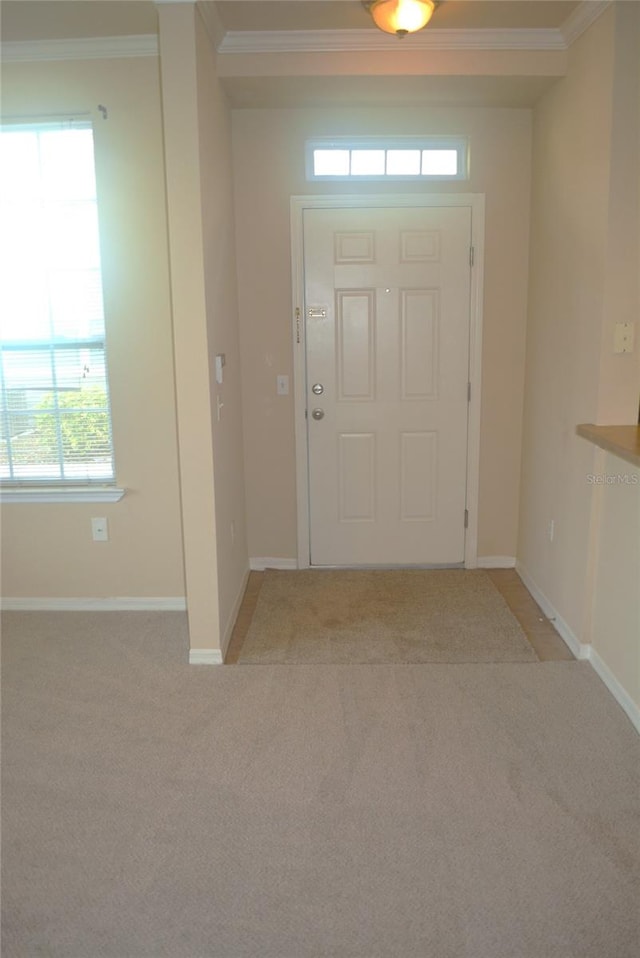 foyer entrance featuring crown molding, plenty of natural light, and light colored carpet