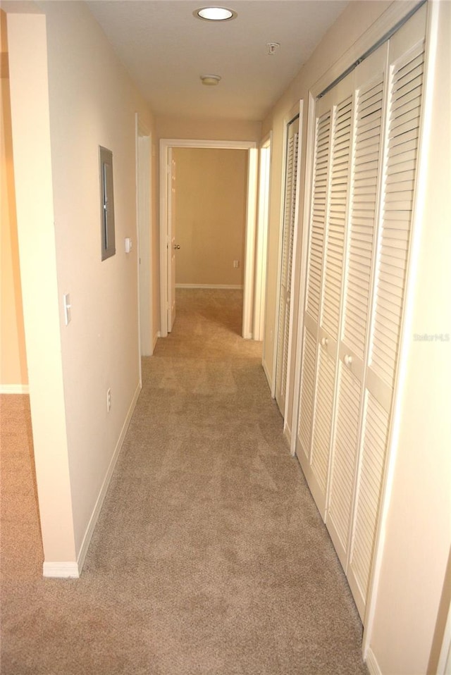 hall featuring electric panel and light colored carpet