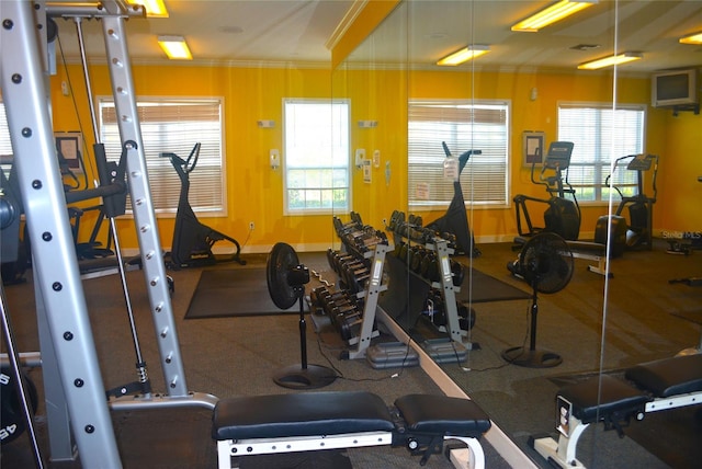 exercise room with crown molding