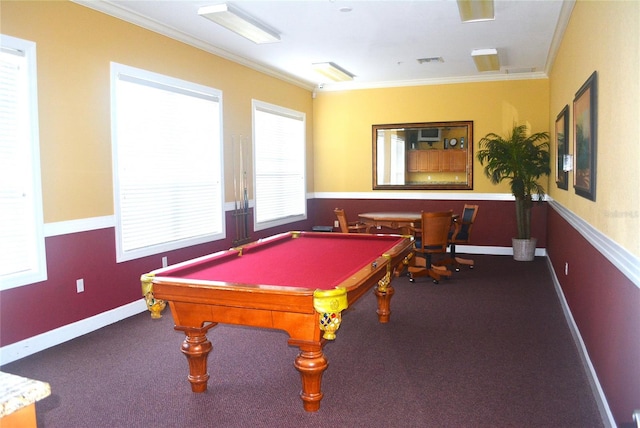 game room featuring dark colored carpet, billiards, and ornamental molding