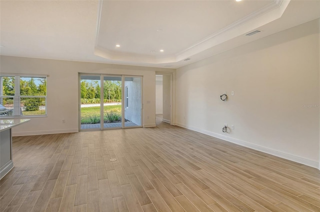 interior space featuring a raised ceiling and light wood-type flooring