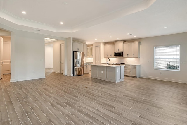 kitchen featuring a raised ceiling, light wood-type flooring, a kitchen island with sink, and appliances with stainless steel finishes