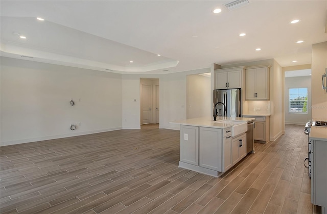 kitchen with a center island with sink, white cabinets, a raised ceiling, sink, and appliances with stainless steel finishes