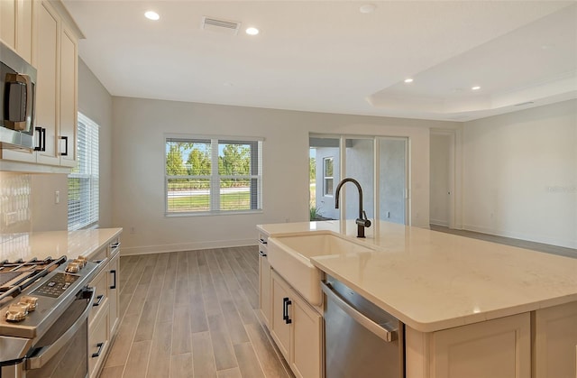 kitchen with sink, a tray ceiling, a center island with sink, appliances with stainless steel finishes, and light wood-type flooring