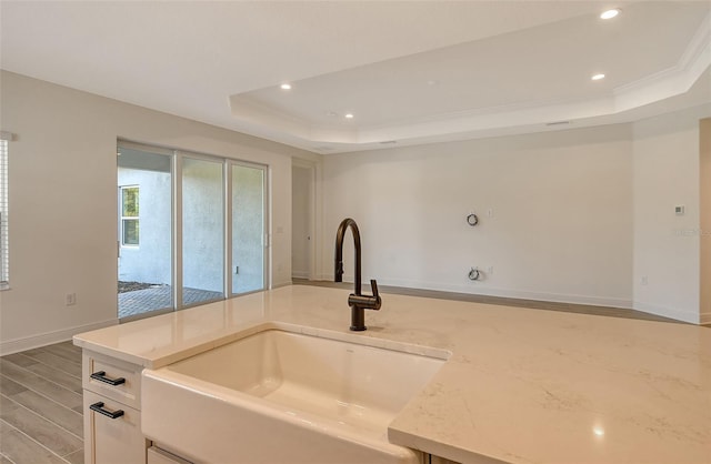 kitchen featuring crown molding, a raised ceiling, light stone countertops, and sink